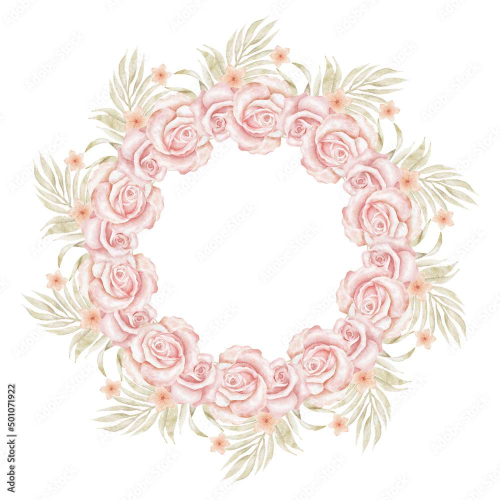 Watercolor boho floral wreath. Dried palm leaf, pink rose flowers. Circle arrangement. Design element for Bohemian card making. Isolated on white background.