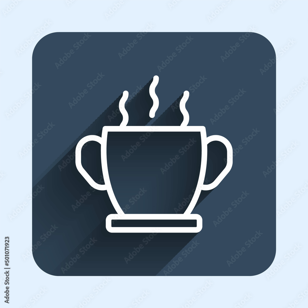 White line Bowl of hot soup icon isolated with long shadow background. Blue square button. Vector White line Bowl of hot soup icon isolated with long shadow background. Blue square button. Vector