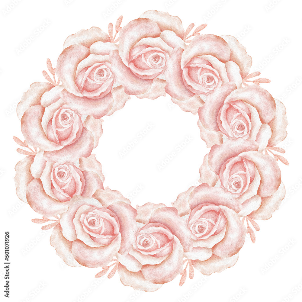 Watercolor boho floral wreath. Dried pink rose flowers. Circle arrangement. Design element for Bohemian card making. Isolated on white background.