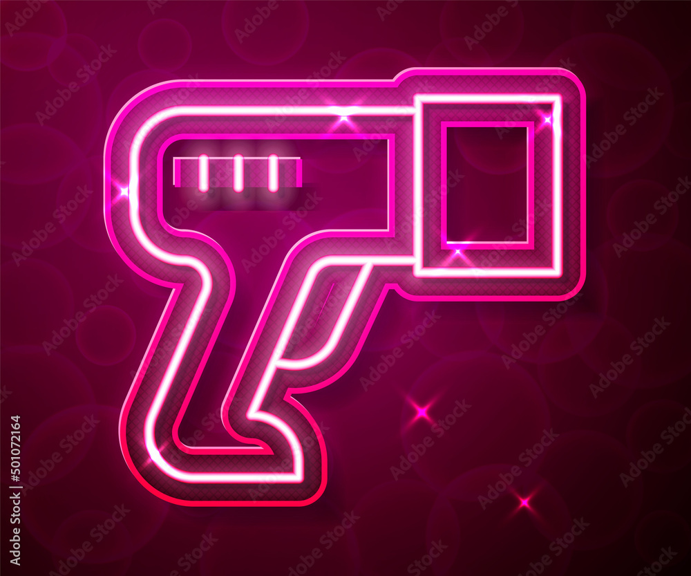 Glowing neon line Scanner scanning bar code icon isolated on red background. Barcode label sticker. Identification for delivery with bars. Vector Glowing neon line Scanner scanning bar code icon isolated on red background. Barcode label sticker. Identification for delivery with bars. Vector
