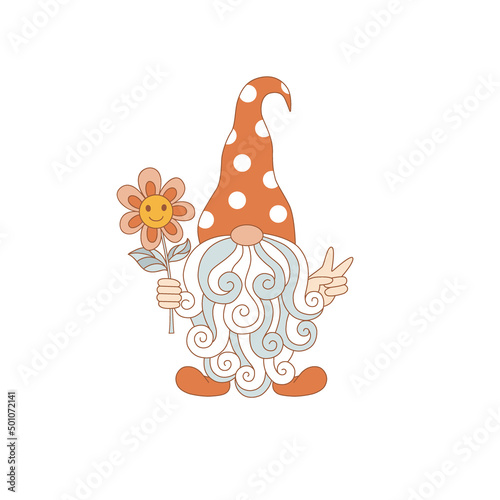 Hippie Groovy Dwarf with long beard show peace sign hold smile face flower vector illustration isolated on white. Retro 70s 60s fairy flower power vibes gnome print.