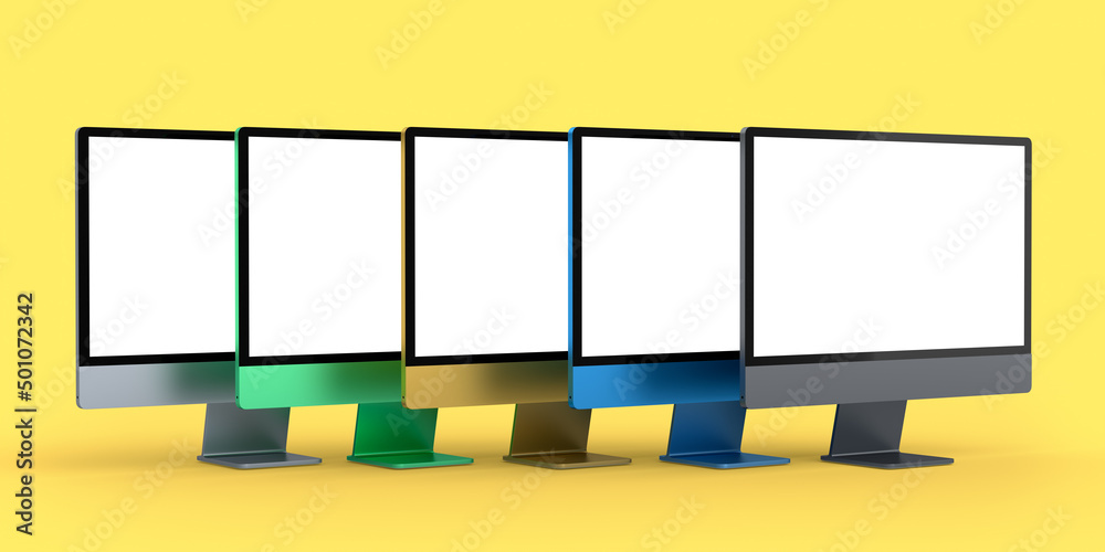 Set of desktop computers with blank screen display isolated on yellow background