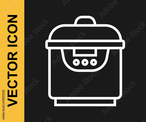 White line Slow cooker icon isolated on black background. Electric pan. Vector