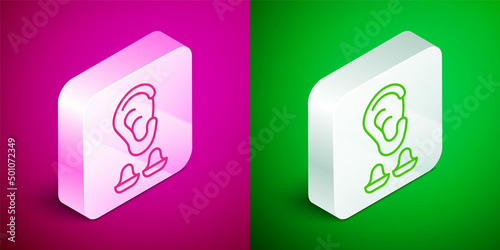 Isometric line Earplugs and ear icon isolated on pink and green background. Ear plug sign. Noise symbol. Sleeping quality concept. Silver square button. Vector