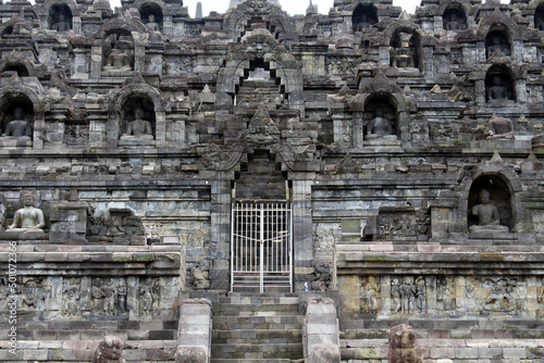 Buddha statues meditating at Borobudur temple of Indonesia