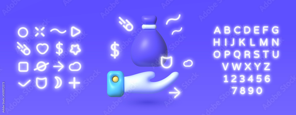 Money bag 3d neon, great design for any purposes. Vector illustration design