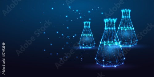Futuristic science, chemistry pharmaceutical research concept banner with glowing laboratory beakers