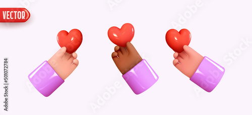 Set of Cartoon hands give hearts. Hands holding red hearts realistic 3d design. Emoticons for social media and mobile apps and game. vector illustration