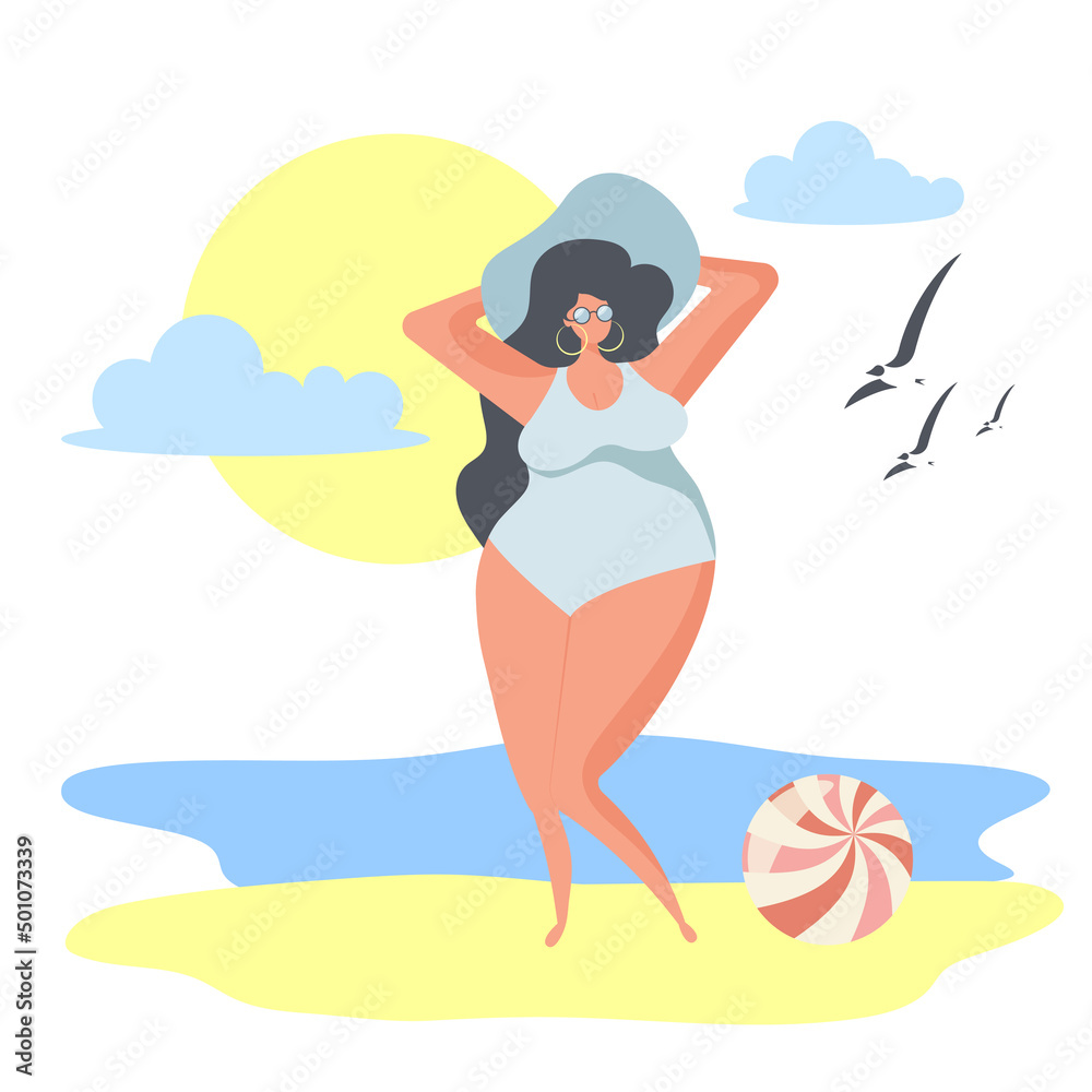 A beautiful girl in a hat, light blue swimsuit, sunbathes on the beach. Beach ball. Flat style. Bright sun, seagulls, sand. With beautiful plants. Vector illustration.