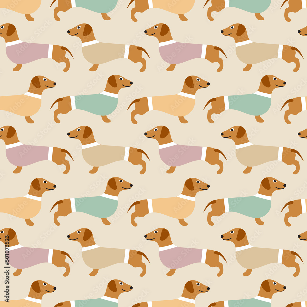 Sweet cute seamless repeat dachshunds dog puppy pet animal vector pattern on pastel beige neutral background. Colourful dachshunds in a row.