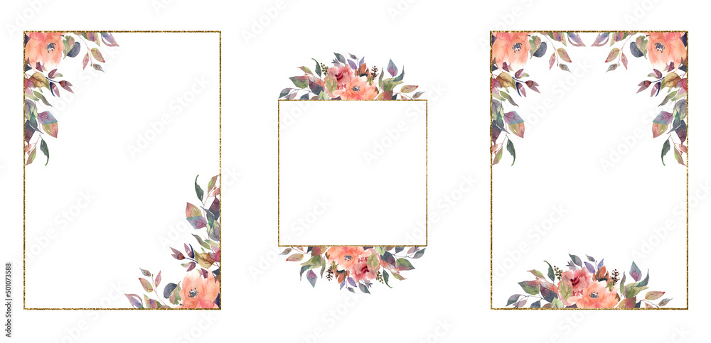 Watercolor clipart of blush flowers and leaves. Pink flowers and gold geometric frames. Set of festive wreaths and frames on a white background. For wedding invitation cards scrapbooking posters 