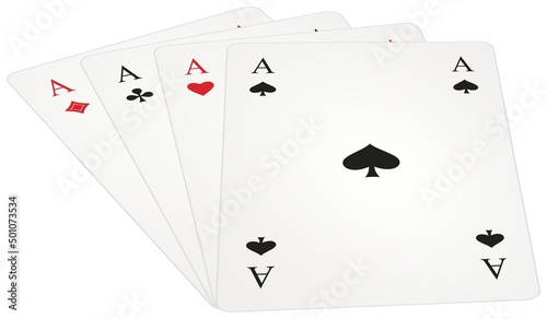 Ass Spielkarten Symbol Vektor Set. Perspektivische Ansicht liegender Karten in schwarz und rot. Herz, Kreuz, Pik und Karo Illustration. Weißer isolierter Hintergrund.