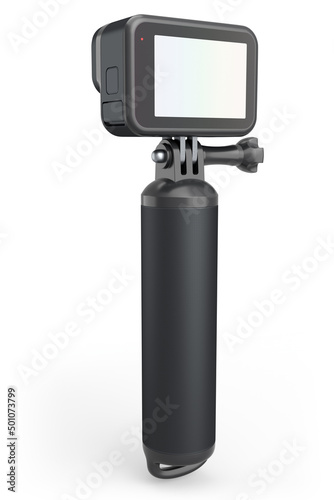 Photo and video lightweight black action camera with monopod on white background