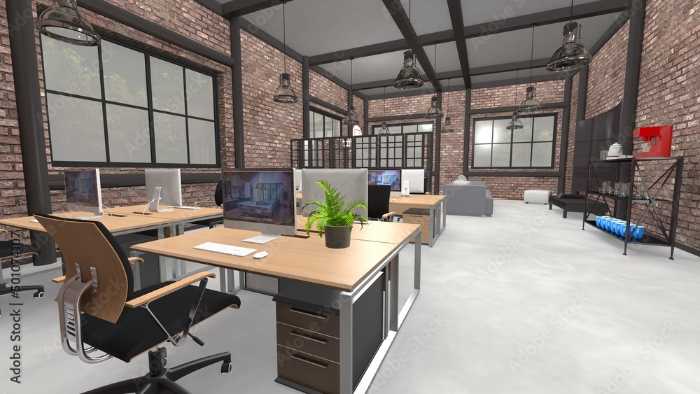 industrial hall with interior of a office