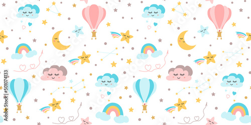 Baby shower seamless pattern. Nursery sky elements moon cloud rainbow hot balloon stars Kids texture Vector