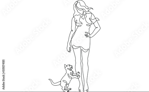 One continuous line.Woman with a cat. Girl plays with a pet. Domestic cat. One continuous line drawn isolated, white background.