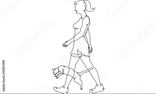 One continuous line.Woman with a cat. Girl plays with a pet. Domestic cat. One continuous line drawn isolated, white background.