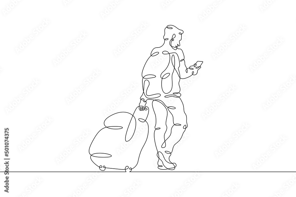 One continuous line.A tourist with luggage is waiting for transport. Traveler with backpack and suitcase on vacation. Traveling man with luggage.One continuous line drawn isolated, white background.