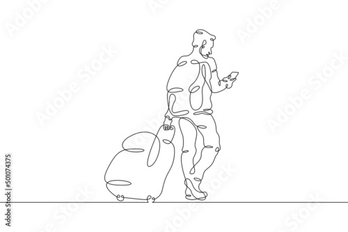 One continuous line.A tourist with luggage is waiting for transport. Traveler with backpack and suitcase on vacation. Traveling man with luggage.One continuous line drawn isolated, white background.