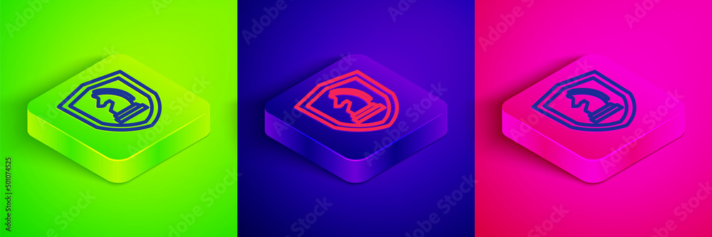 Isometric line Chess icon isolated on green, blue and pink background. Business strategy. Game, management, finance. Square button. Vector Isometric line Chess icon isolated on green, blue and pink background. Business strategy. Game, management, finance. Square button. Vector