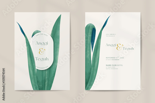 Double side modern wedding invitation template with vintage leaves watercolor ornaments