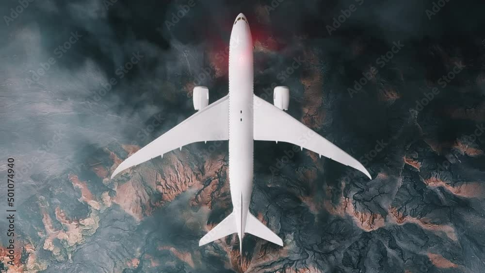 Plane flying through clouds at high altitude, top down view. Concept of travel, airplane transport, commerce
