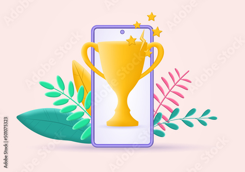 3d Trophy cup on the mobile phone screen. Award, winner prize, reward icon. Vector illustration.