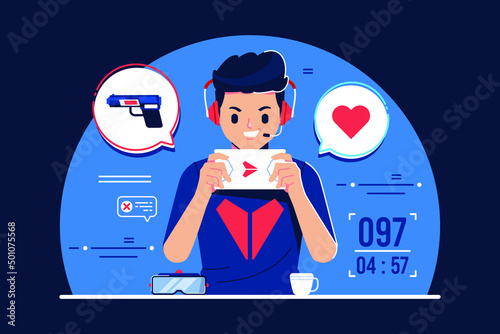 a boy was addicted on mobile gaming illustration