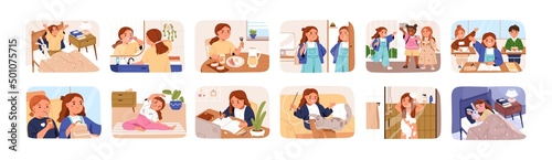 Kid daily routine. School girl life with everyday activities, waking up in morning, hygiene, eating, studying, sleeping in bed at night. Flat graphic vector illustrations isolated on white background photo