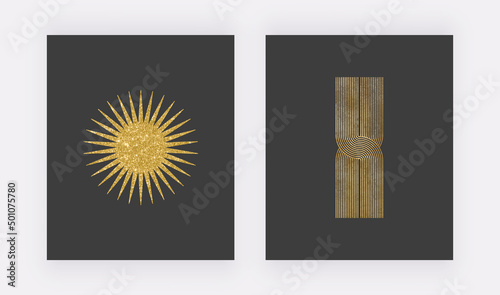 Boho wall art prints with golden glitter sun on the black backgrounds
