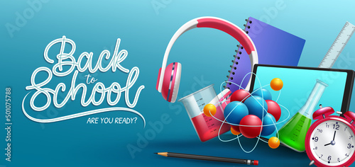 Back to school vector design. Back to school text with educational elements of headphone, tablet and test tubes for knowledge learning study. Vector illustration.
