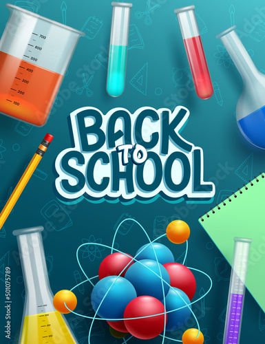 Back to school vector poster design. Back to school text in paper cut decoration with educational science laboratory items for education study and activity. Vector illustration.
