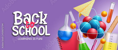 Back to school vector design. Back to school text with test tubes, beaker and science icon elements for educational science learning and laboratory activity. Vector illustration.
