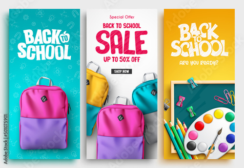 Back to school vector poster set design. Back to school text with sale supplies item of bags and painting elements for student educational discount collection. Vector illustration. 