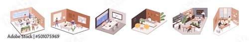 Inside isometric office interiors. People work in business rooms, workplaces, boardroom, kitchen, at coworking areas, reception set. Flat graphic vector illustrations isolated on white background