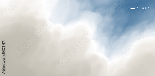 Fluffy white clouds and blue sky. Nature background. 3d vector illustration. Design for banner, flyer, poster, cover or brochure.