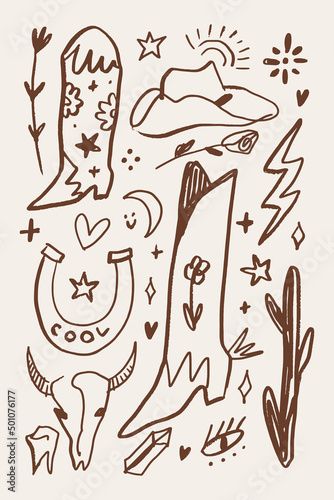 Western boho cowgirl set blogger vector stickers pack wild west