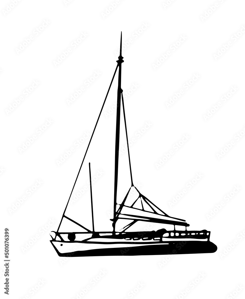 drawing, picture slender beautiful sailing yacht, sketch, hand drawn isolated on white vector illustration