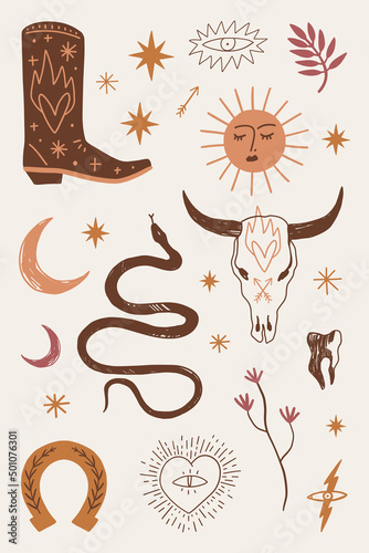 Western boho cowgirl set blogger vector stickers pack wild west