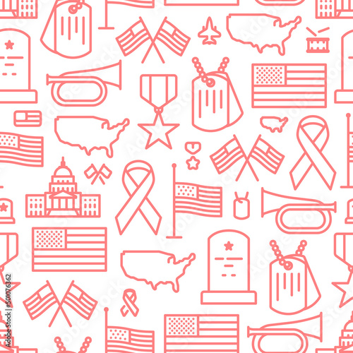 Veterans day and Memorial day seamless pattern of red line icons on transparent background