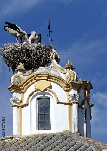 Church tower of Villanueva de la Serena with typical stork nest on the top