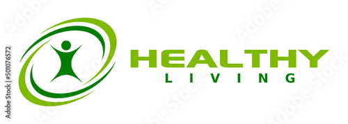 Healthy living logotype. Man figure inside ellipse. Fitness and wellbeing banner template. Wellness symbol. Green natural active lifestyle concept. Slim human body. Vector illustration, flat, clip art