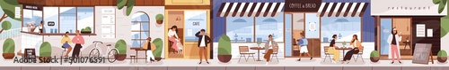 City street with people citizens eating in cafes, restaurants, coffee shops outside on terraces in downtown. Long urban panorama, cityscape with open cafeterias exteriors. Flat vector illustration