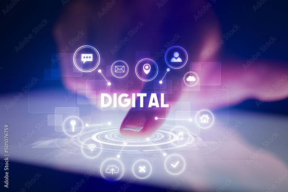 Finger touching tablet with web technology icons concept Finger touching tablet with web technology icons concept