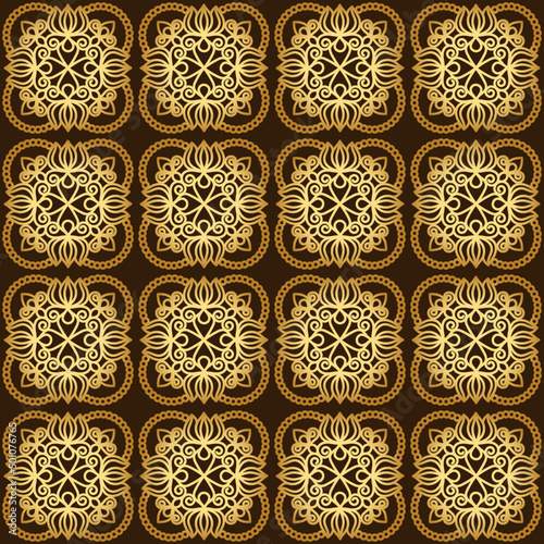 beautiful tile pattern. golden ornament on a dark brown background. interior design, floor coverings, tiles. cover, template, print.