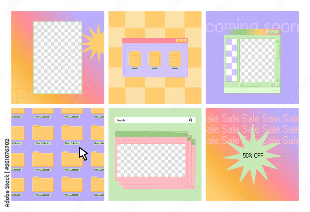 Social media templates for posts and stories in old retro 90s style. Hand drawn colorful vector illustration isolated on white background. Modern trendy flat cartoon style.