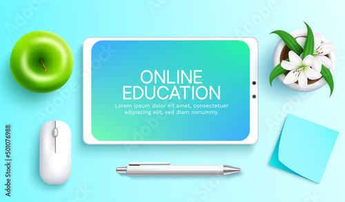 Virtual learning vector concept design. Online education text in tablet phone device with mouse, ball pen and  sticky notes element for  home school study. Vector illustration.

