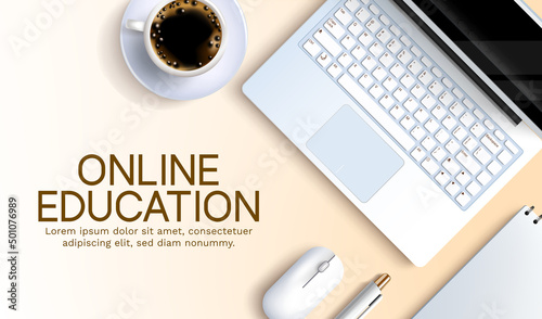 Online education school vector background design. Online education text with minimalist laptop, mouse and coffee elements for e-learning professional webinar course. Vector illustration.
