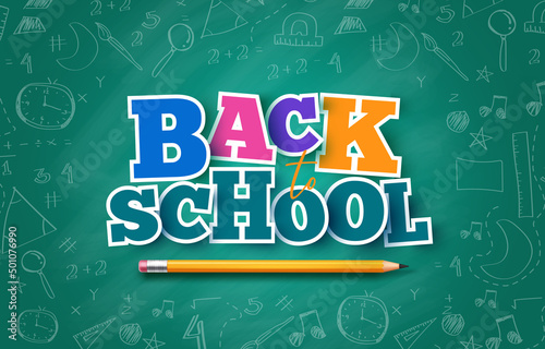 Back to school vector design. Back to school paper cut typography text in chalk board elements with learning doodle icons decoration for elementary student art education. Vector illustration.
