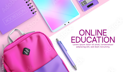 Distance learning vector background design. Online education text with backpack bag, tablet and calculator device in pastel color for home school educational learning tools. Vector illustration.  
